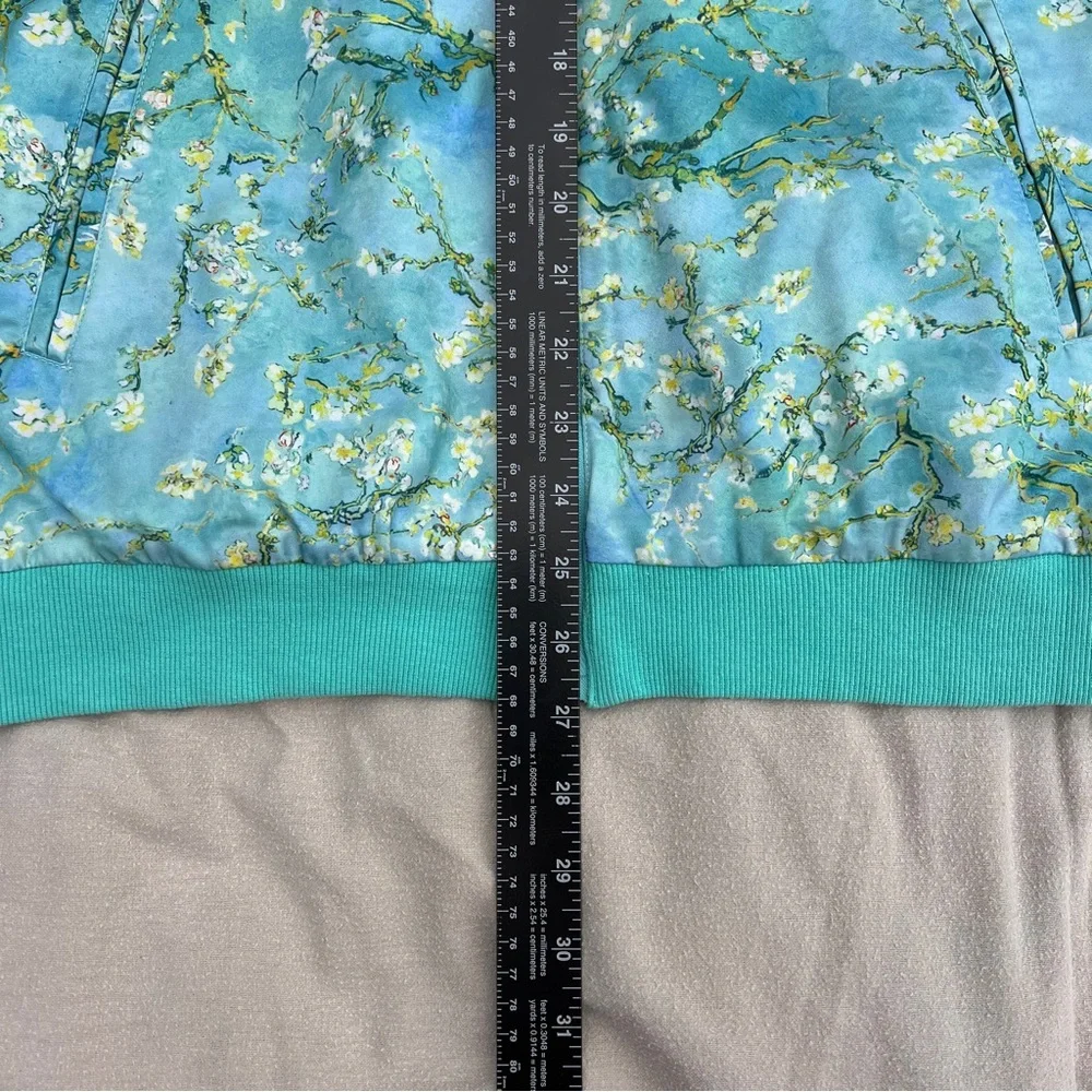Immersive Van Gogh Cherry Blossom Turquoise Satin Floral Bomber Jacket NWOT - Picture 8 of 8